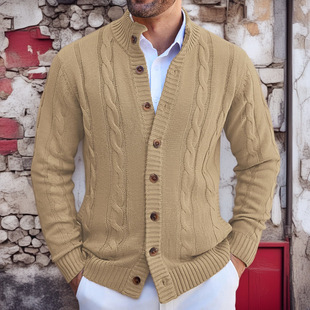 Cross-Border Export Men's Clothing European and American Casual Stand-Up Collar Knitwear Jacket Pure Color Single-Breasted Cardigan Knitwear Sy0189