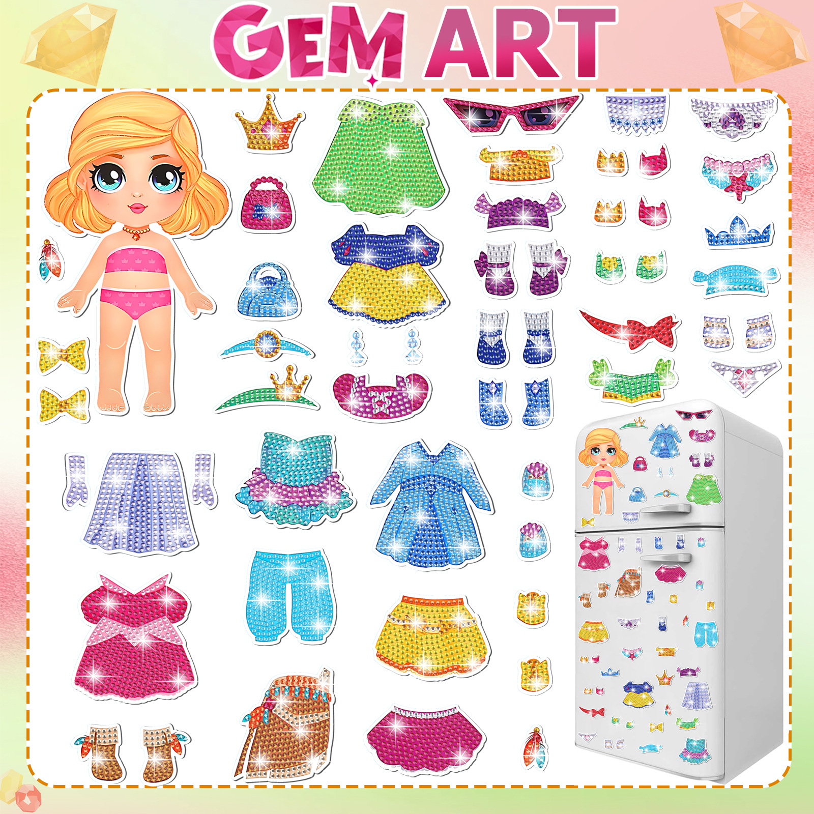Muñeca encantadora trajes de dibujo de diamante de absorción pegatinas de refrigerador para niños DIY creativo mampostería pegatinas juguetes al por mayor