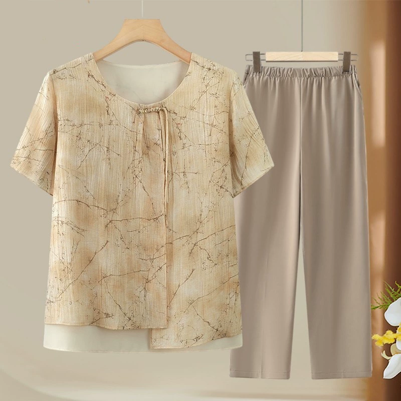 Модная шифоновая футболка для мам, летние женские топы среднего и пожилого возраста, рубашка с короткими рукавами для бабушки, костюм для пожилых людей