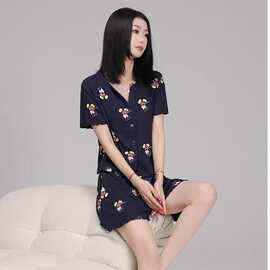 莫代尔棉睡衣女士款春秋夏季带胸垫一体短袖可薄款外穿家居服套装