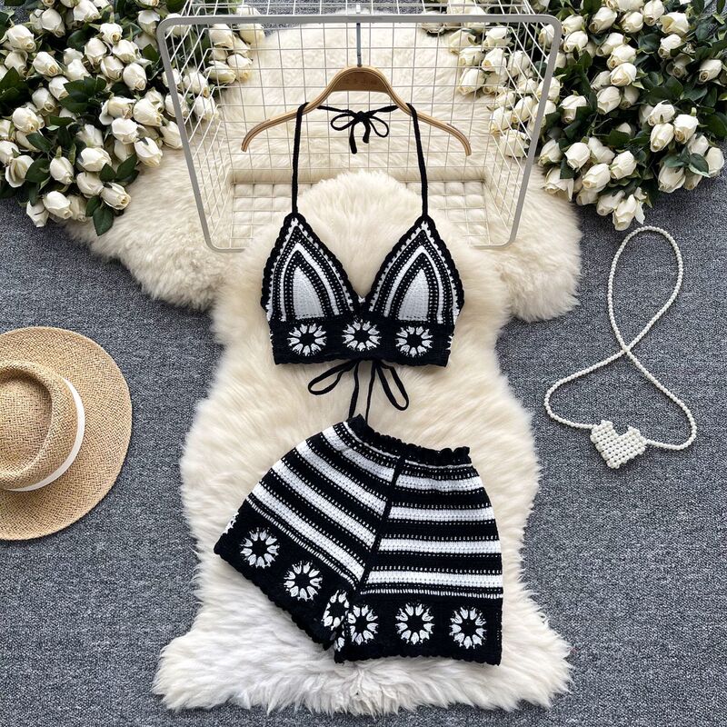 Sweet Spice Girl Holiday Style suit Women's Chic Sexy Hollow Crochet Hanging Neck Strap Vest High Waist Knitted Shorts Sweet Spice Girl Holiday Style suit Women's Chic Sexy Hollow Crochet Hanging Neck Strap Vest High Waist Knitted Shorts