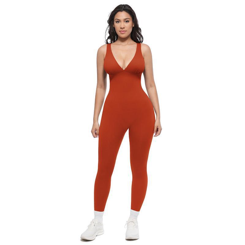 Women's High-Waisted Workout Jumpsuit | Stretchy Yoga Bodysuit With V-Neck & Back Support | Tummy Control Fitness One-Piece (Red/Black/Brown) S-3XL_ecoleips.com