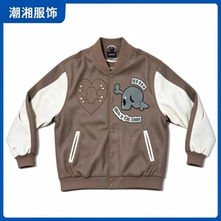 棒球服男高街镰刀骷髅毛巾绣咖色拼PU皮重工贴布跨境潮牌可定制