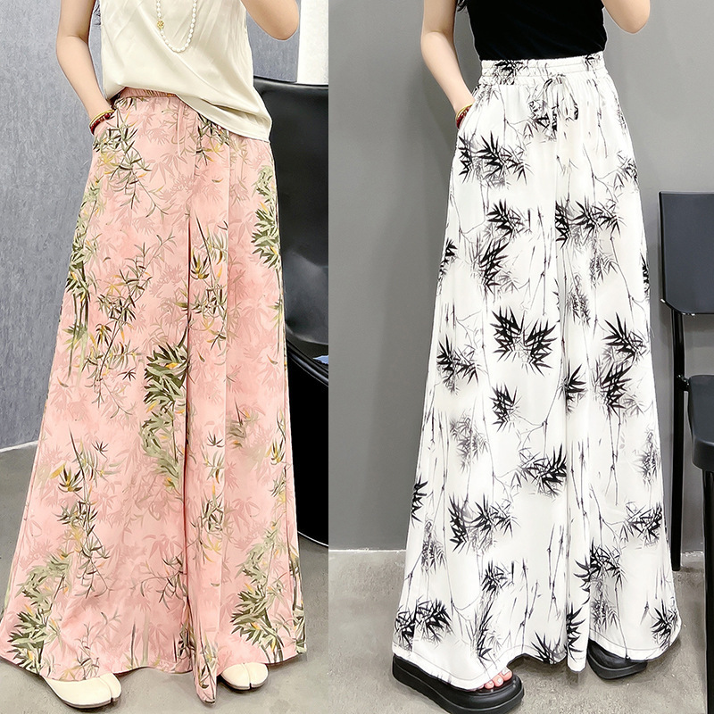 Plus-Size Elastic Waist A-Line Wide-Leg Skirt Pants for Women, Flattering and Slimming, Casual Versatile Printed Skirt