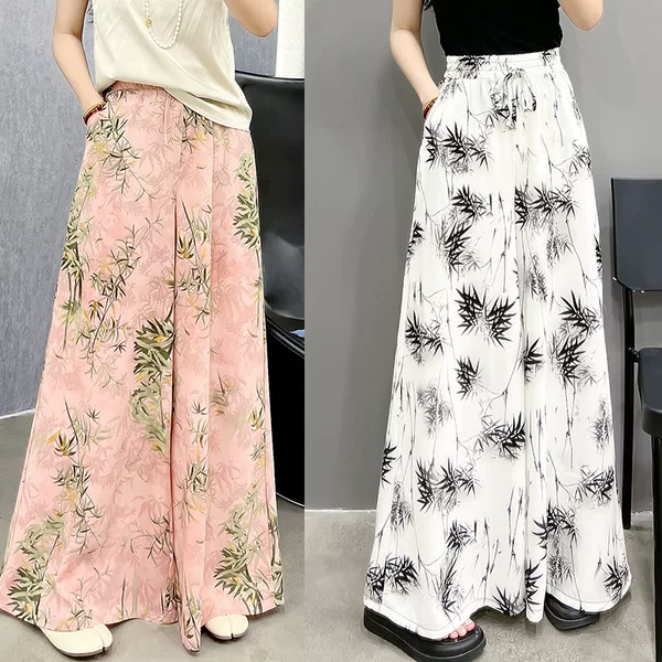 Plus-Size Elastic Waist A-Line Wide-Leg Skirt Pants for Women, Flattering and Slimming, Casual Versatile Printed Skirt
