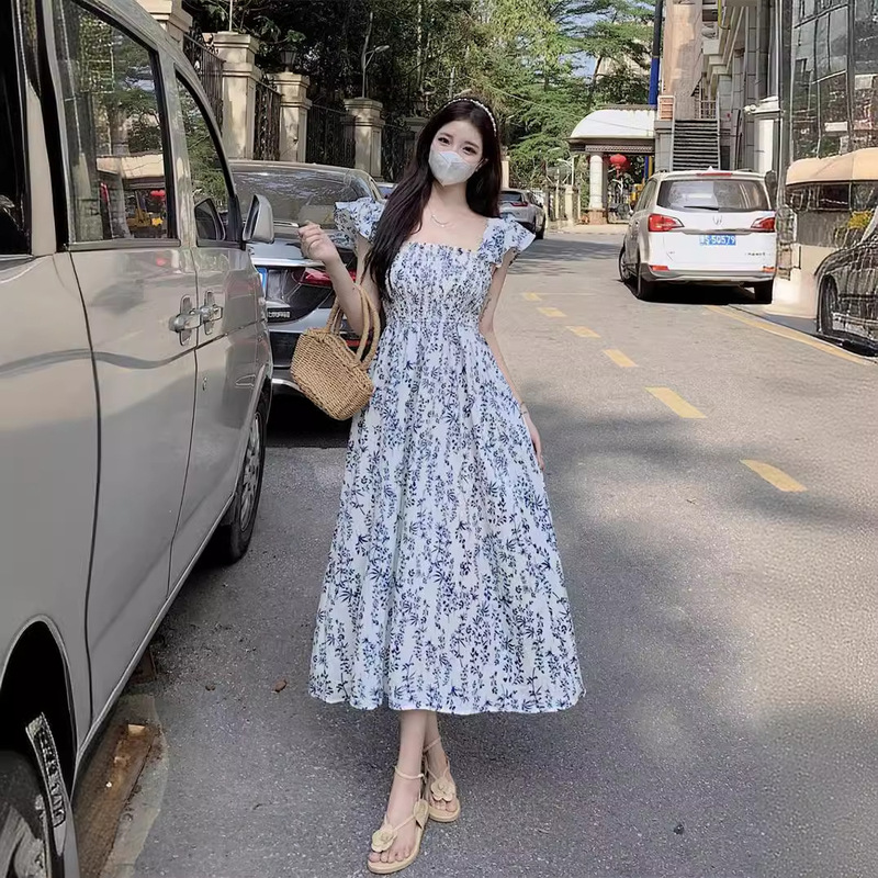 French Hepburn Style Mid-Length Small Flying Sleeves Square Collar Tea Break Long Skirt Women's Pleated Waist Dress Women's 2025 Summer