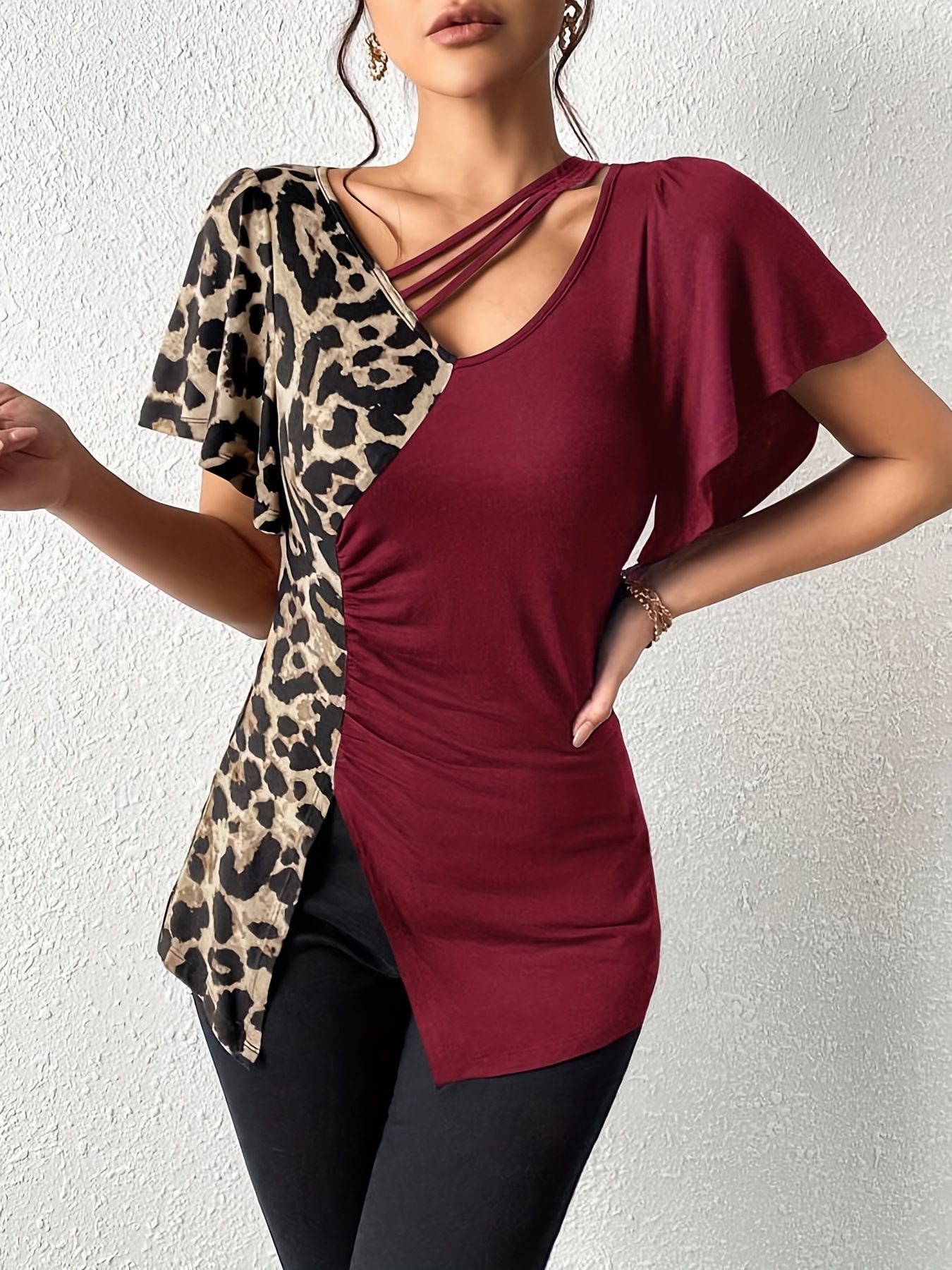 New Women's Leopard Print Asymmetrical Collar Butterfly Sleeve Patchwork Top European American Style_ecoleips.com