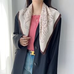 新款棉麻小方巾簡約風黑白幾何條紋小領巾韓版裝飾印花絲巾包頭巾