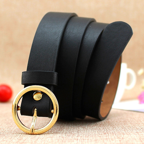 Korean-style gold-plated round pin buckle head lady's PU belt coat with dress waist accent