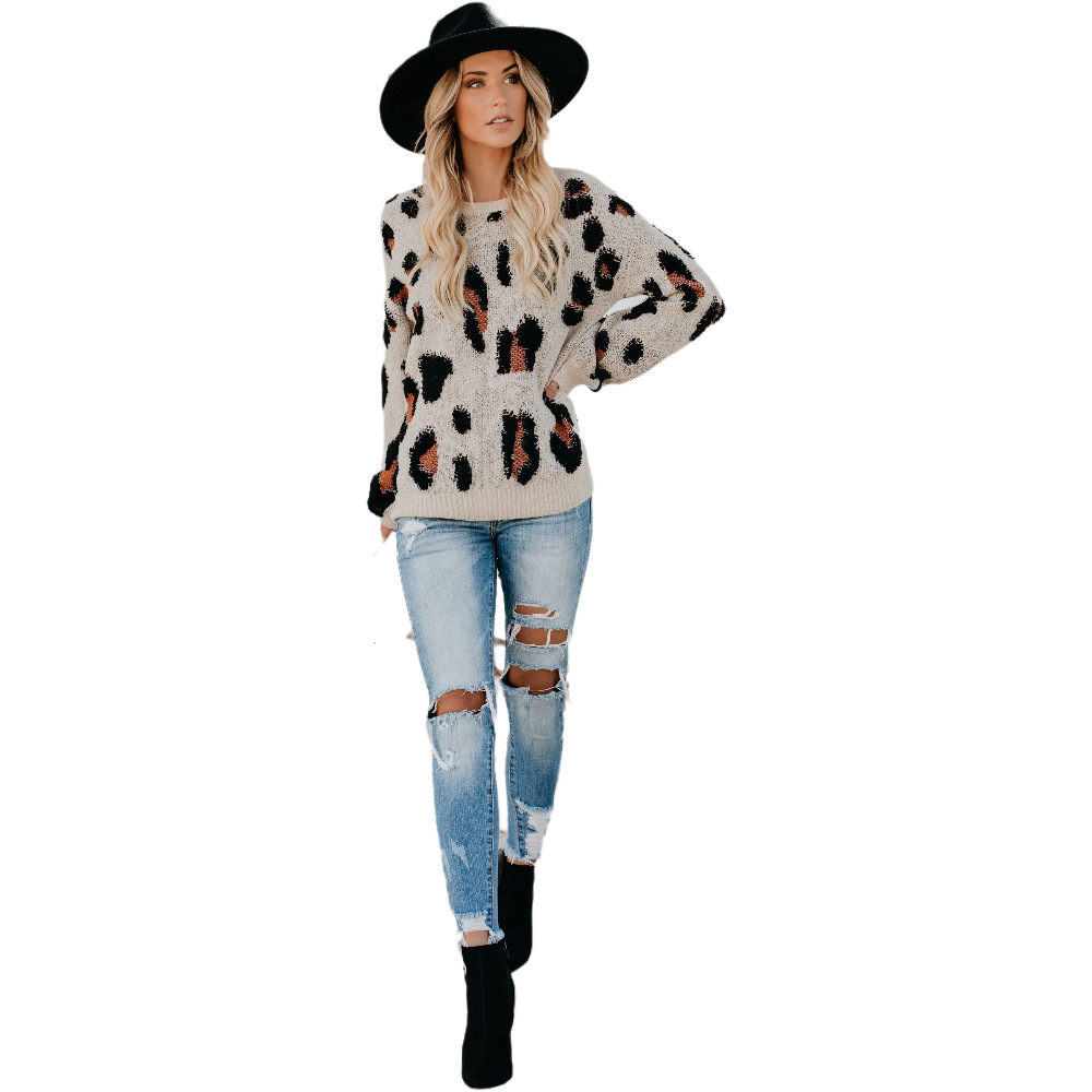 Round Neck Leopard Print Slim Sweater NSPZN105153