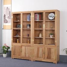 中式实木书柜带门老榆木书柜书橱全实木展示柜带玻璃落地书架