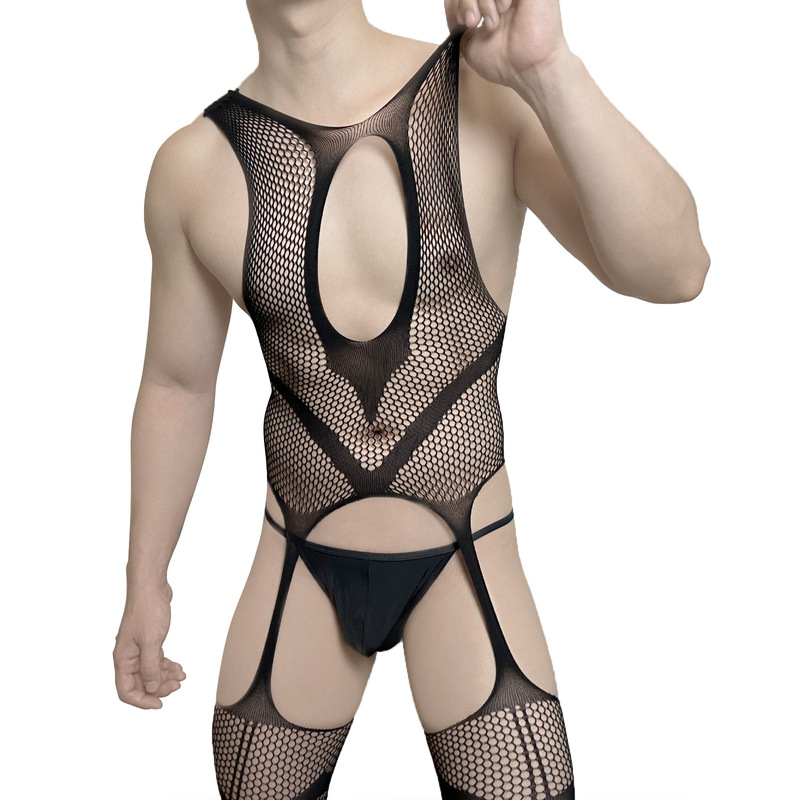 Men's Sexy Fishnet Stockings, Hollow Transparent Temptation One-Piece Sexy Intimates, Flirting, Open File, No Need to Take Off Black Stockings