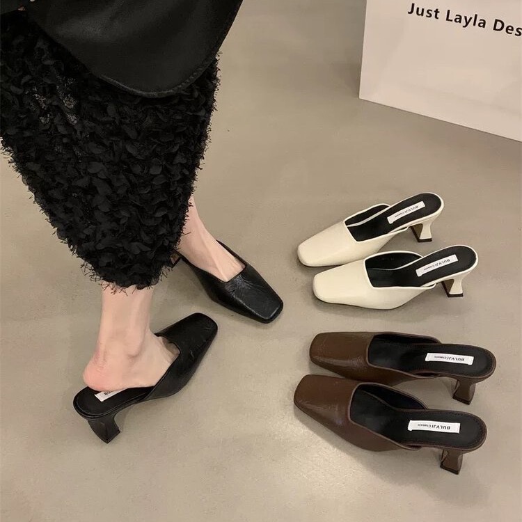 Elegant High-Heeled Mule Slippers for Women, 2025 Spring/Summer New Style, Chunky Heel, Comfortable Shallow Slippers