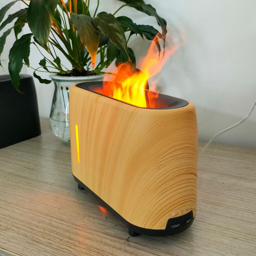 Colorido control remoto llama humidificador madera grano 3D simulación llama máquina de aromaterapia ultrasónico humidificador de aire aceite esencial
