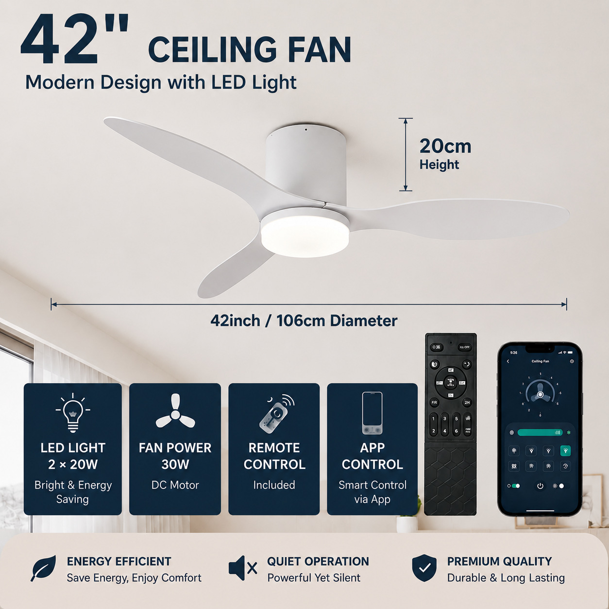 Lámpara Ventilador de Techo Inverter de Plástico ABS Silencioso con Control Remoto para Sala de Estar y Dormitorio