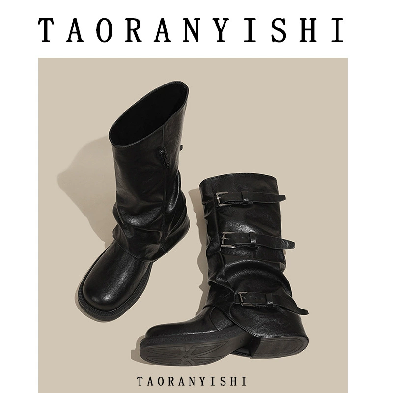 Ботинки в стиле Wasteland с пряжкой, новые 2025 года, рваные ретро-ковбойские ботинки в западном стиле, плиссированные ботинки до середины голени