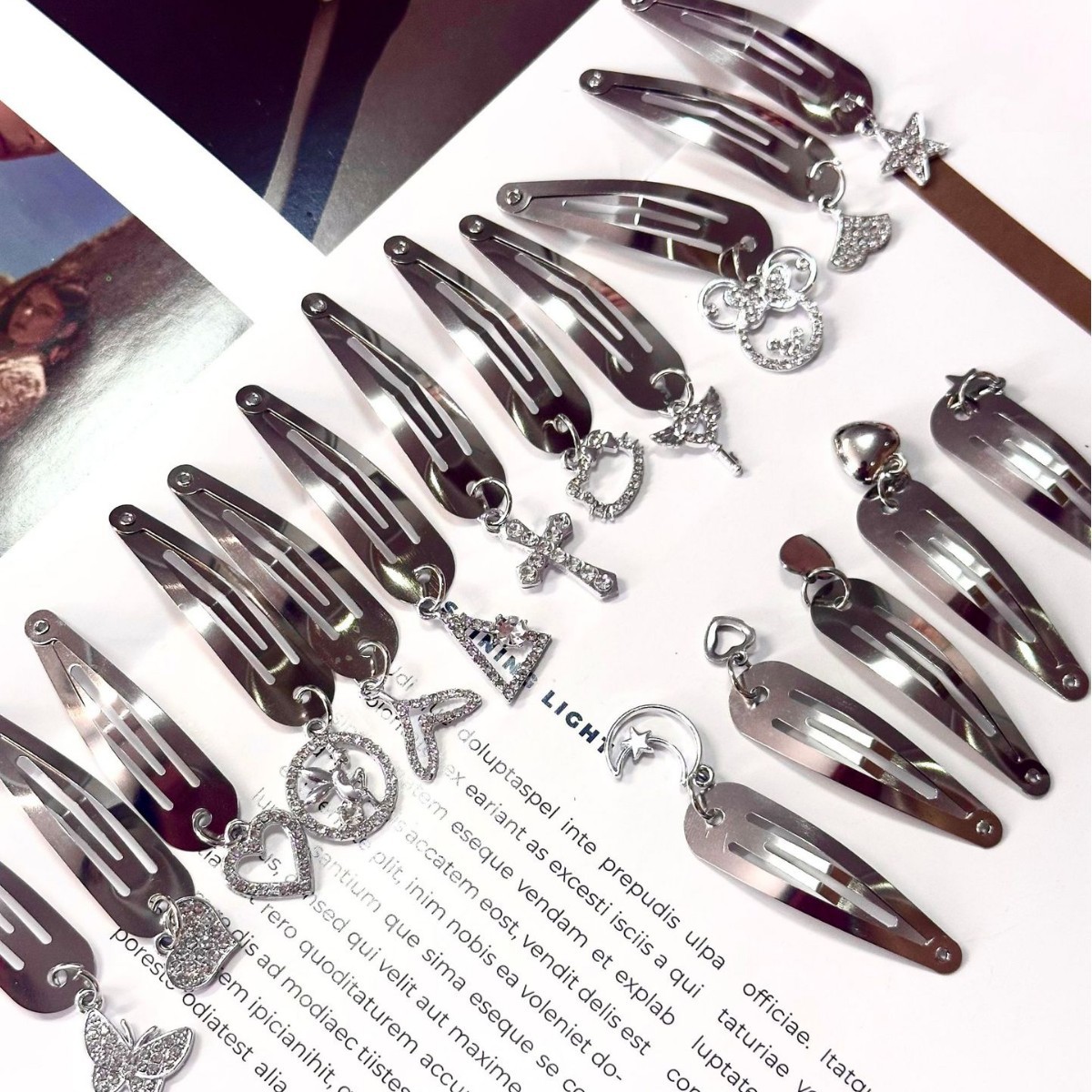 Y2K Stylish Sexy with Diamond Cross Heart Hair Accessories Silver Side Clip Bangs Clip Silver Pendant Butterfly Bb