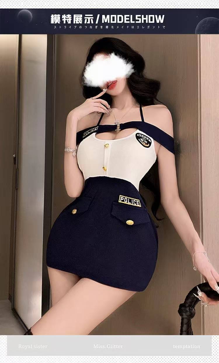 Policewoman Roleplay Costume Set with Hip-Covering Uniform Dress, Black One Size — detail image 5