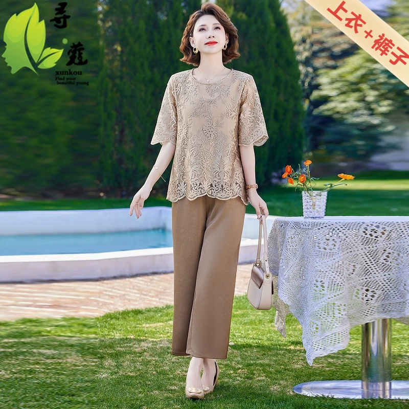 Пятицентный рукав средняя и пожилая мама летняя мода дамы повседневные два комплекта большой размер кружевной летней свекрови