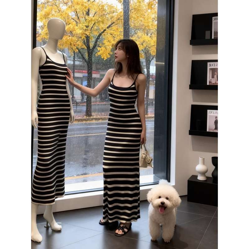 Korean Striped Spaghetti Strap Dress for Women 2026 Spring/Summer New Design Slim Fit Versatile Long Dress Vacation Style