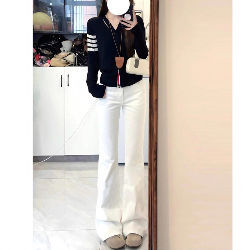 Spring and Autumn White High-Waisted Slim-Fit Stretchy Flared Jeans for Tall Women, Extended Length, Floor-Length Denim Pants