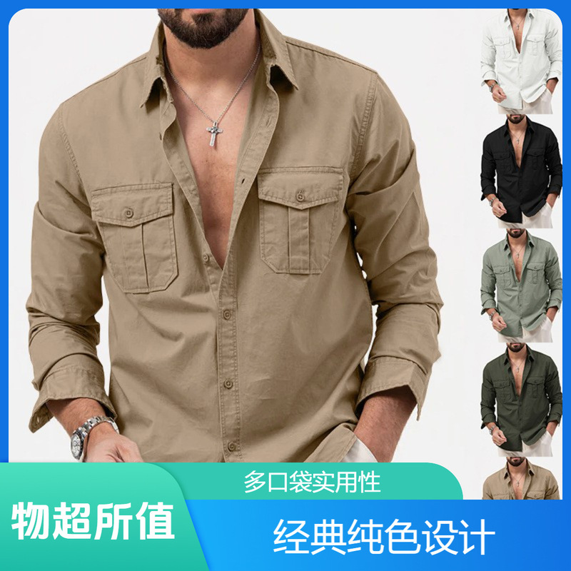 2025 New Men's Shirts Cross-Border Export Aliexpress Independent Station European and American Multi-Flap Pocket Pants Casual Long-Sleeved Tops for Men