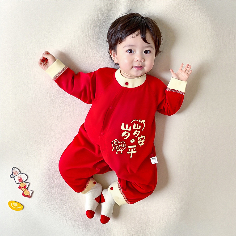 Baby Autum Clothes for Men and Women, Full Moon 100-Day Banquet, One-Year-Old Dress, Red New Year's Greetings, Western-Style Jumpsuit