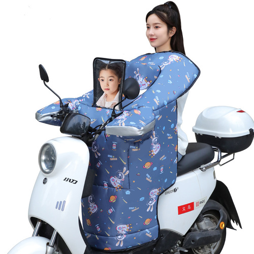 Child-friendly electric bike windbreaker for winter, with plush, thick, waterproof, and enlarged design, featuring a window, electric scooter windproof cover