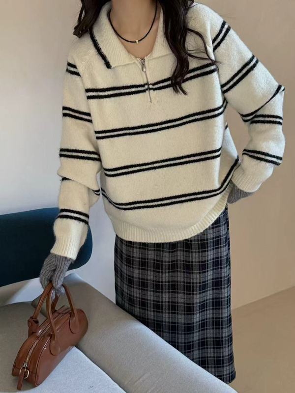 韩系polo领条纹套头毛衣女秋冬宽松翻领半拉链软糯减龄针织衫上衣|undefined
