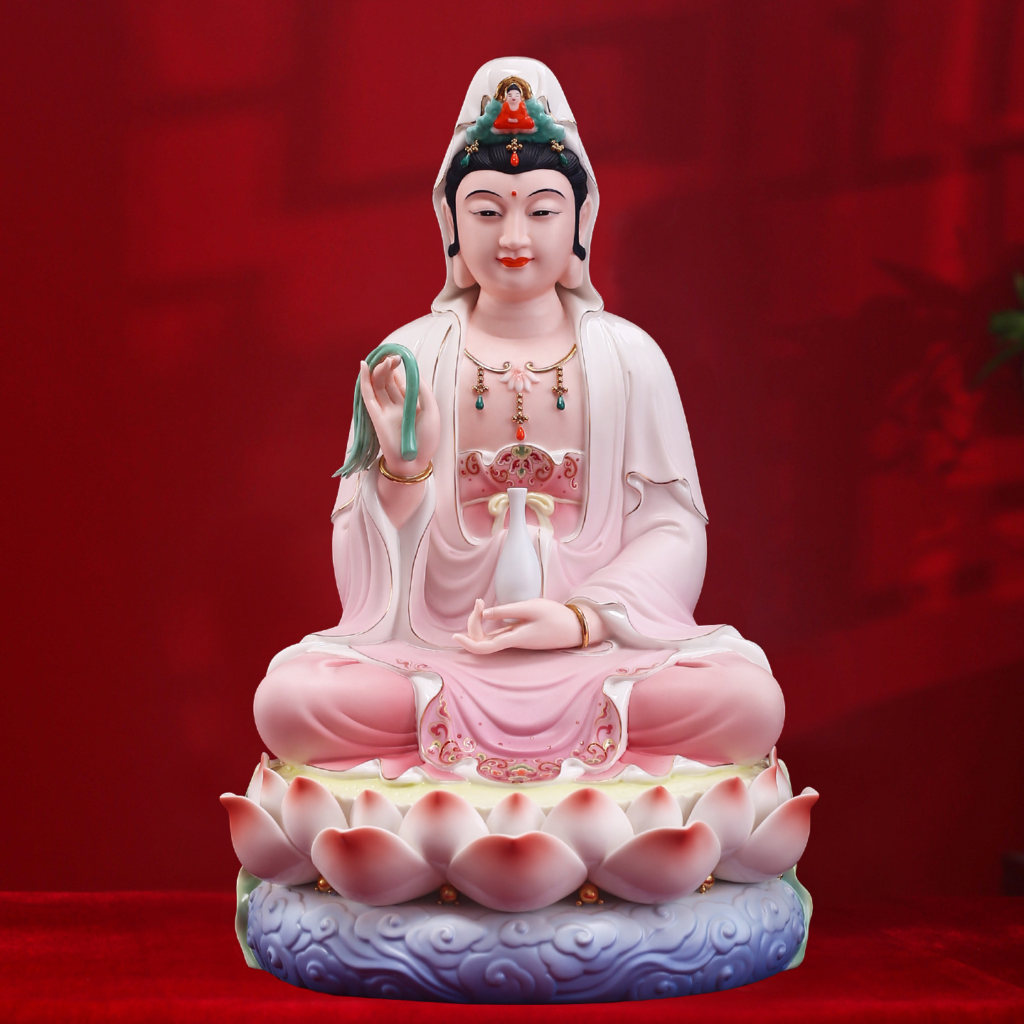 德化陶瓷彩绘南海观世音坐像笑脸观音大摆件家用供奉观音菩萨佛像