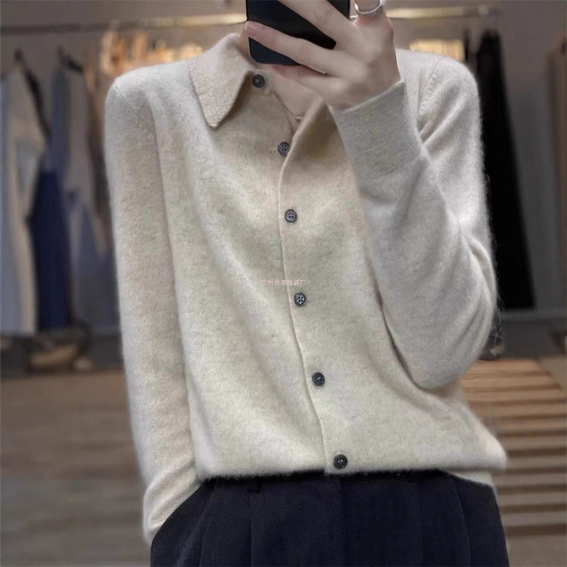 Spring Style 100% Imitation Cashmere Sweater for Women, Cardigan with Shirt Collar, Polo Collar, Long-Sleeve Sweater, Imitation Wool Base Knitwear