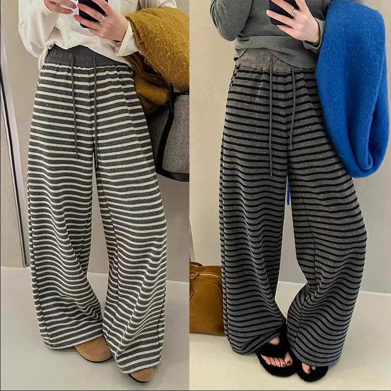 2025 primavera contraste color pierna ancha viento perezoso cintura elástica cordón pantalones casuales pantalones de rayas en blanco y negro de mujer pantalones de trapeador