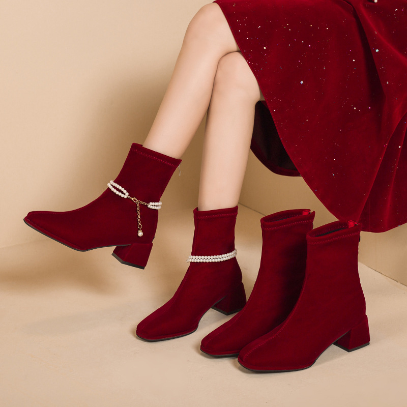 Women's Suede Square Toe Mid Heel Slim Fit Boots Plus Size Chunky Heel Elegant Short Boots For Winter Wedding Shoes_voghion.com