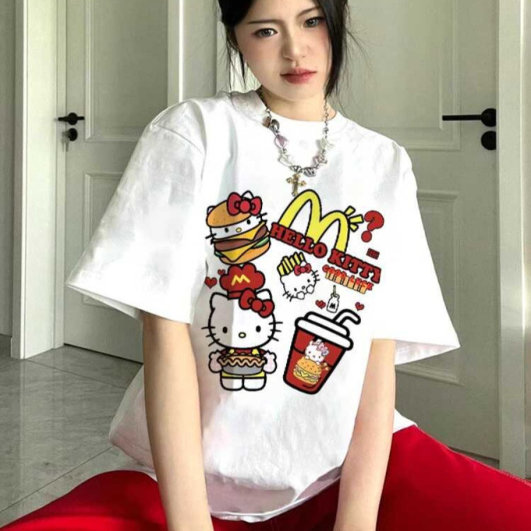 Fat mm Extra Large Size 150kg Kitty Cat Cartoon Printed Short-Sleeved Cotton T-Shirt Women's Summer Loose Casual Top Fat mm Extra Large Size 150kg Kitty Cat Cartoon Printed Short-Sleeved Cotton T-Shirt Women's Summer Loose Casual Top