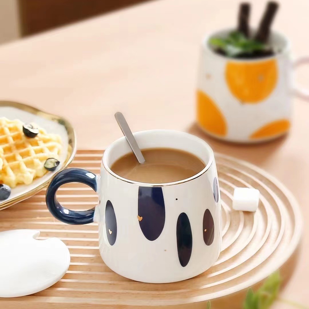Estilo japonés pintado a mano taza abstracta personalidad simple cerámica oficina pintura oro beber taza con tapa cuchara taza de café