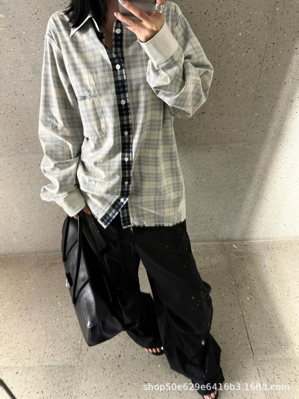 2025早秋新款mm6 优雅休闲 慵懒随性时髦感 阔型松弛感格子衬衫|undefined