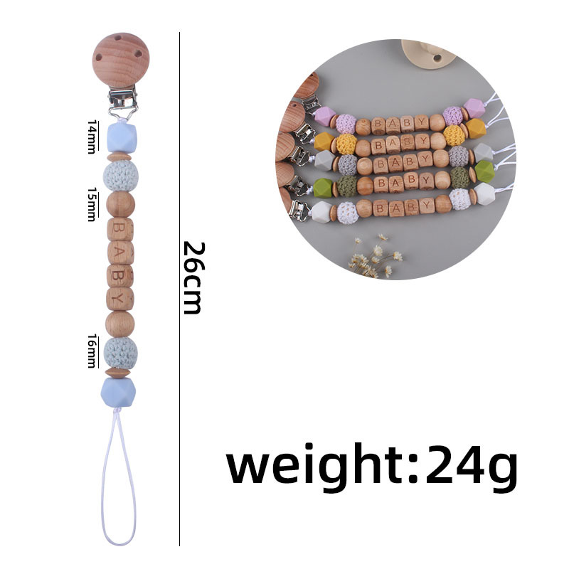 Nuevos suministros para bebés Beech clip de pezón calmante bebé cuentas de silicona carta cuentas de madera pezón cadena anti-caída