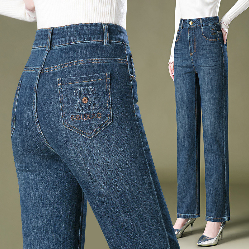 1095 Jeans New Style Straight Tube Mom Pants Embroidered Fashion Middle-aged Women's Pants Wide Legs Middle-aged Autumn Loose