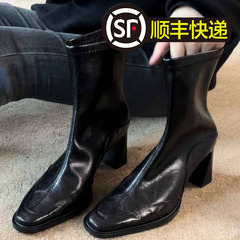 牛皮版~法式方头气质高跟瘦瘦靴女英伦风真皮复古后拉链弹力短靴
