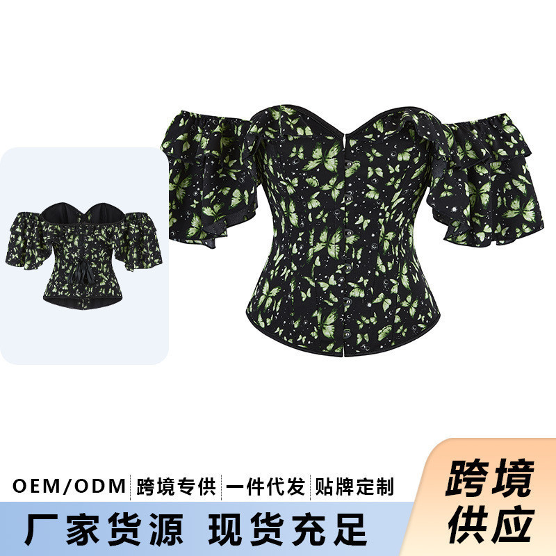 European and American New Style Corset, Silks and Satins Lace Sleeves, Butterfly One-Shoulder Back Straps, Slimming Waist Palace Shapewear