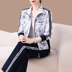 中年妈妈运动套装女2025新款春秋宽松韩版时尚减龄花色休闲两件套