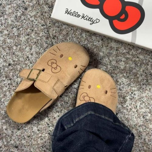 Cork Shoes Korean Version Cute Kitty Thick Sole Birkenstock Shoes 2025 Versatile One-Piece Toe-Up Semi-Drag Women's Shoes