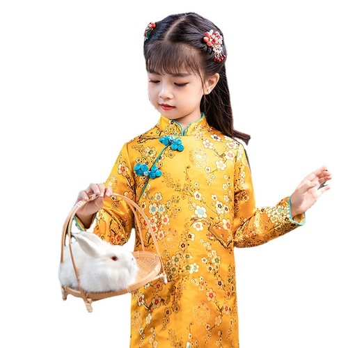 Girls yellow broca chinese dress qipao for kids republic of China tang suit cuff collar button Chinese girls hanfu ancient folk costumes for Children