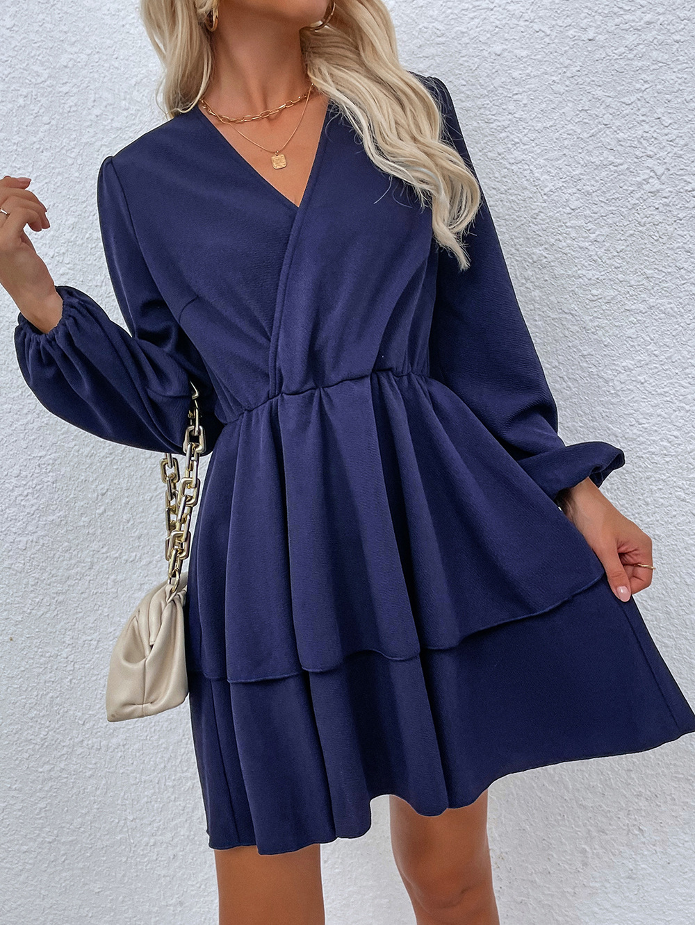  v-neck Casual solid color Long-Sleeved Dress nihaostyles wholesale clothing NSDF84884