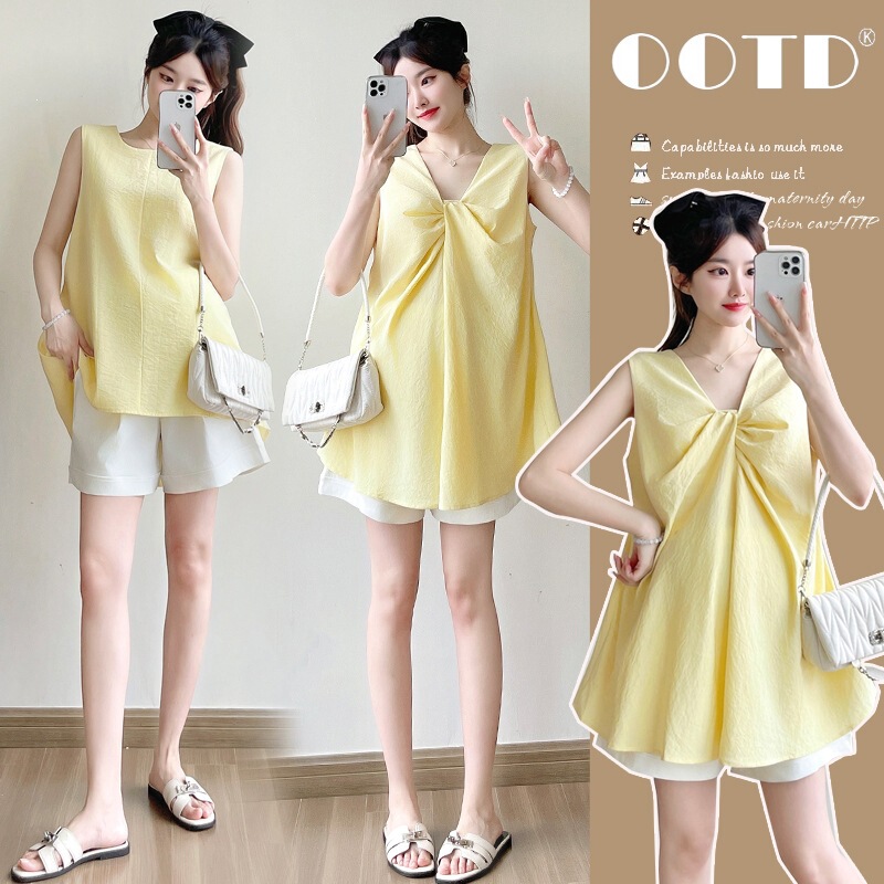 Real Shot of 2026 Summer Maternity Sweet Youthful Bow-Tie Front and Back Convertible Babydoll Top Set