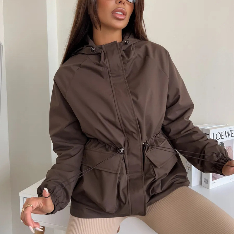 European and American Cross-Border Casual Fashion Women's Jacket Long-Sleeved Hooded Drawstring Waterproof Jacket Loose Outdoor Mountaineering Clothing