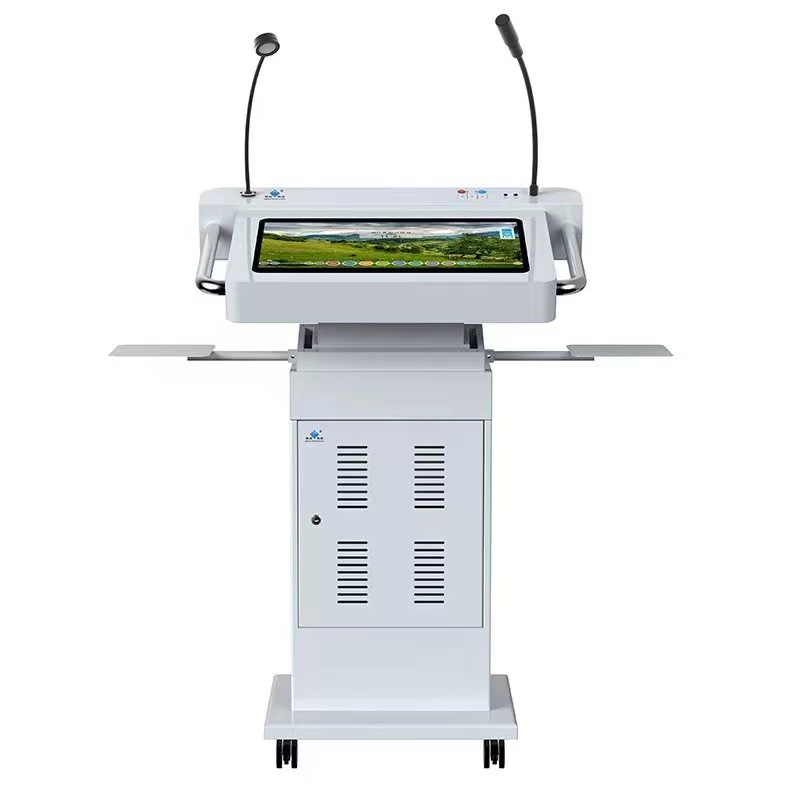 Discursos de pantalla dual de elevación eléctrica Mesa de discurso de sala de conferencias multimedia de alta definición Mesa de anfitrión de pantalla táctil móvil