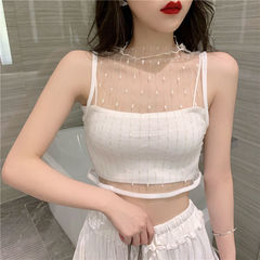 Fashionable camisole for women, mesh base, hollow transparent blouse, gauze sexy top + tube top, two pieces