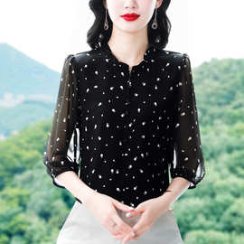 资8946夏季新款黑色波点减龄七分袖印花衬衫女气质大码木耳领小衫