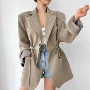 South Korea Chic Autumn and Winter French Retro Suit Collar Drawstring Tight Waist Slimming Pocket All-match Mid-length Jacket for Women